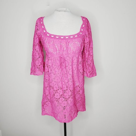 LAUNDRY BY DESIGN Pink Crochet Lace Boho Swimsuit Cover-Up - Picture 3 of 9